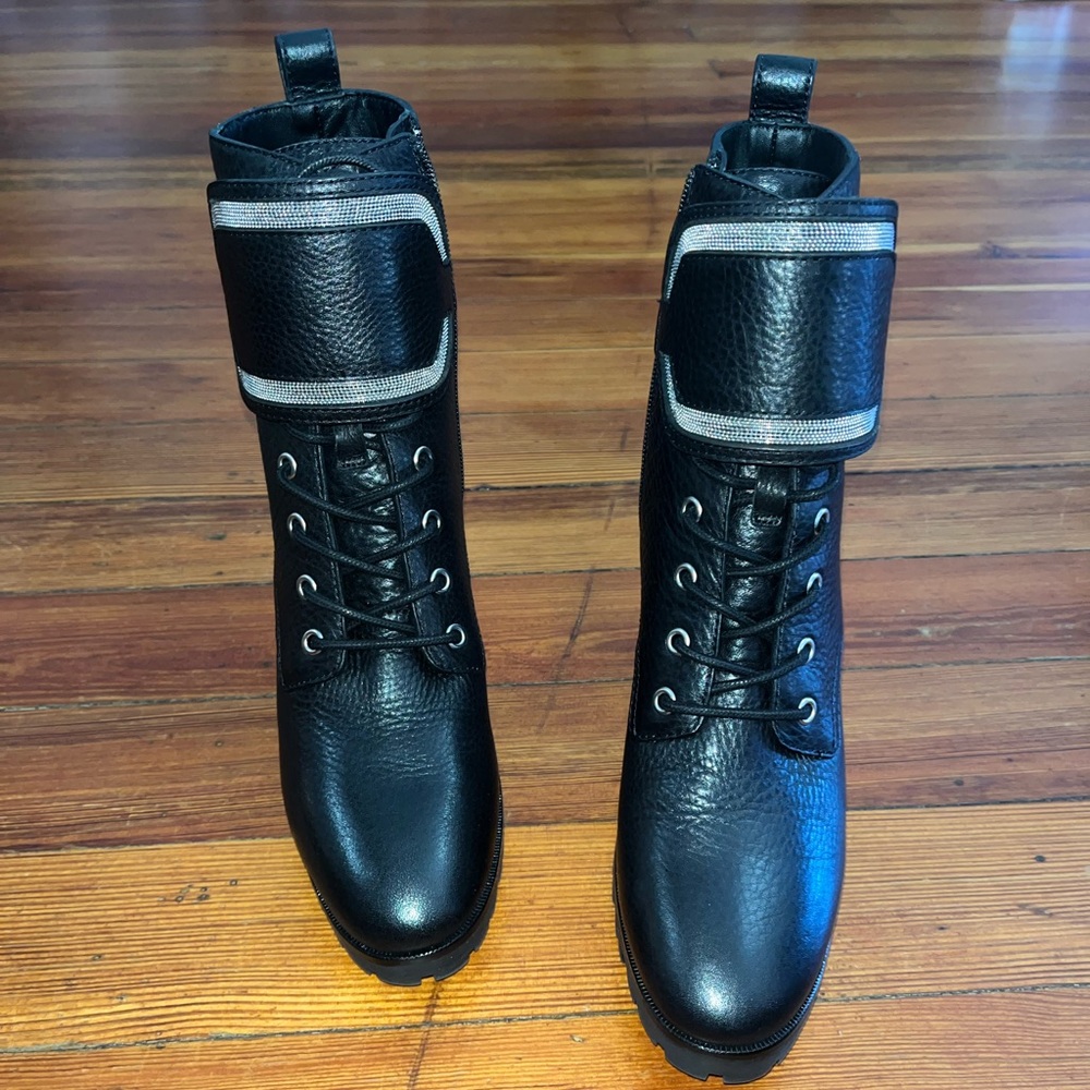 Paige Daphne Heeled Combat Boots Leather Lace Up Lug Sole Army Military Booties - Picture 4 of 7